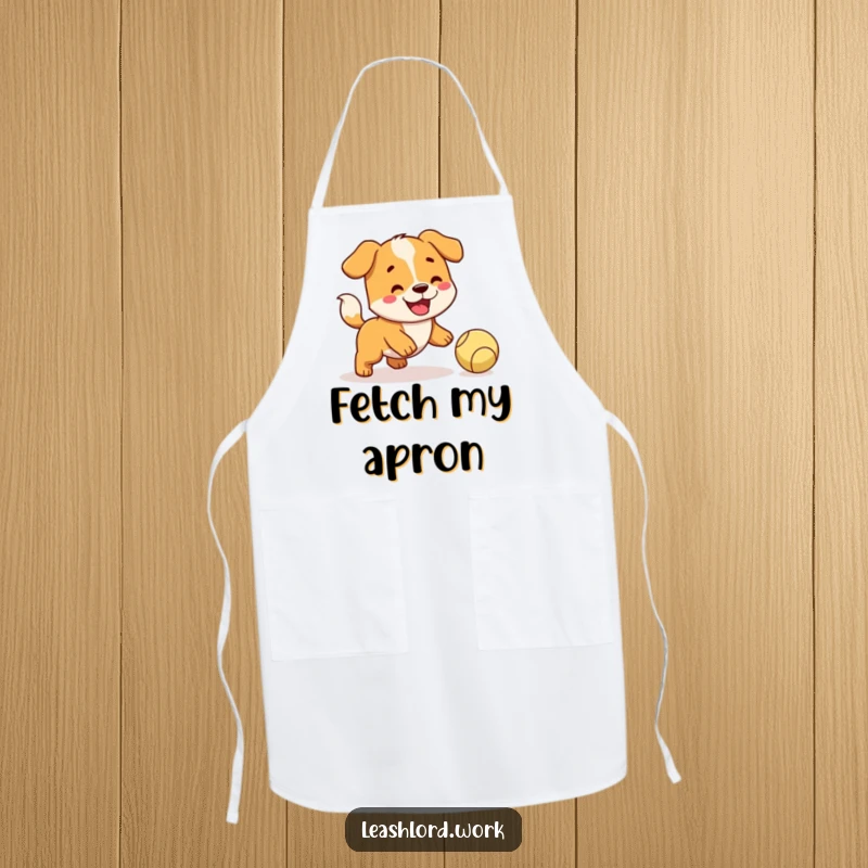 Funny Dog Apron: A kitchen apron showcasing a happy dog with a wagging tail, trying to fetch a ball.