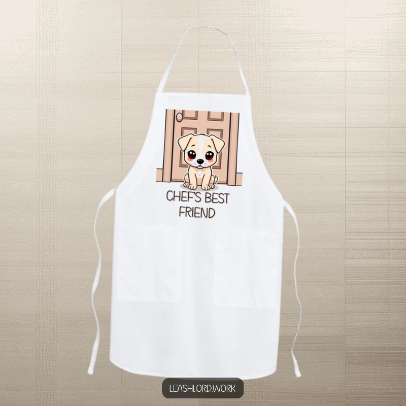 Funny apron showcasing a dog with big, expressive dot eyes patiently waiting by a door, perfect for humorous cooking.