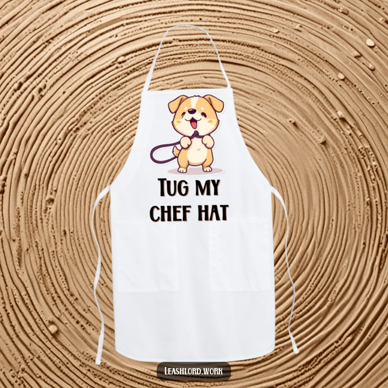Funny Dog Apron: A kitchen apron showcasing an energetic dog with dynamic lines playfully tugging on a leash.