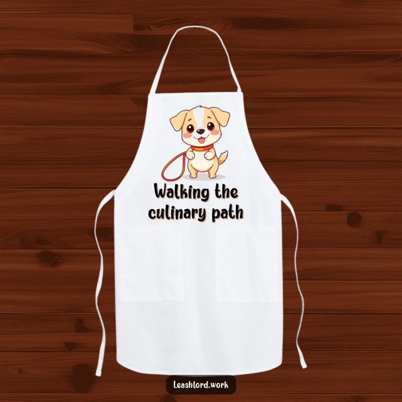 Funny apron showing a cute dog with tiny legs holding a long, colorful leash, a humorous and practical kitchen accessory.