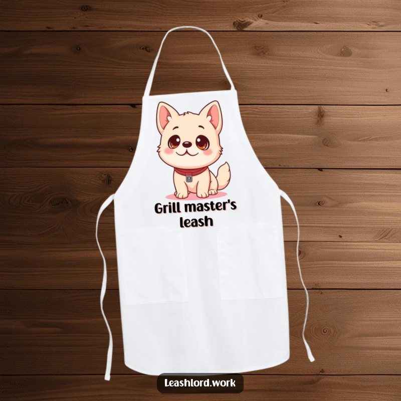 Funny Dog Apron: A kitchen apron showcasing a cute dog with playful eyes looking up at a leash, ready to help.