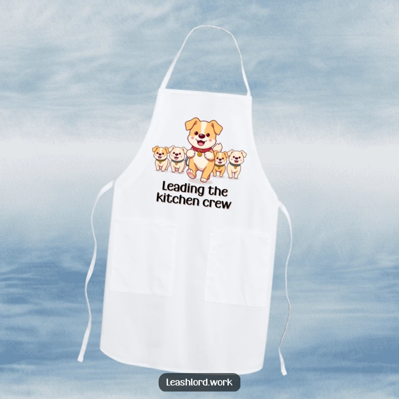 Funny apron showing a main dog walker leading a group of small, happy dog characters, a humorous and practical kitchen accessory.
