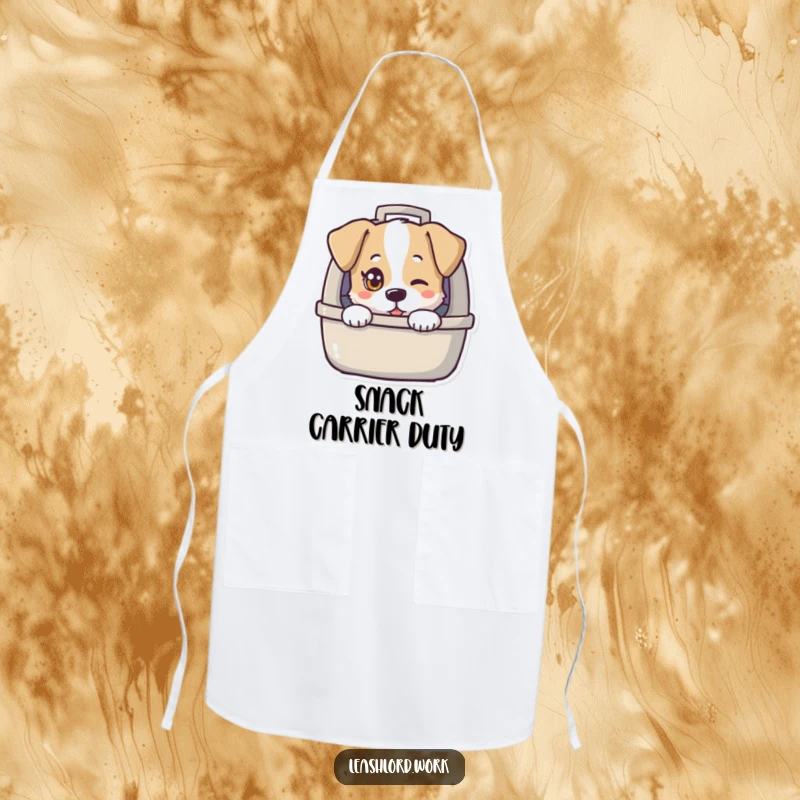 Funny apron showcasing a dog with a mischievous twinkling eye peeking from a dog carrier, ideal for humorous cooking.