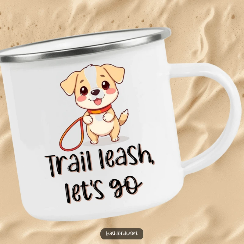 Funny camping mug showcasing a cute dog with tiny legs happily holding a long, colorful leash, perfect for dog-loving adventurers.