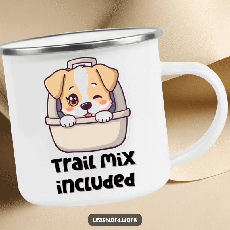 Funny camping mug with a dog's head and twinkling eye peeking from a carrier, perfect for humorous outdoor excursions.