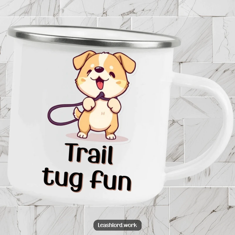 Funny Dog Camping Mug: A sturdy mug featuring an energetic dog with dynamic lines playfully tugging on a leash.