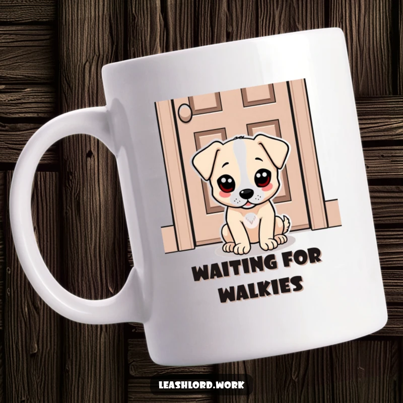 Funny mug with a dog with enormous dot eyes sitting patiently by a door, looking hopeful and humorous.
