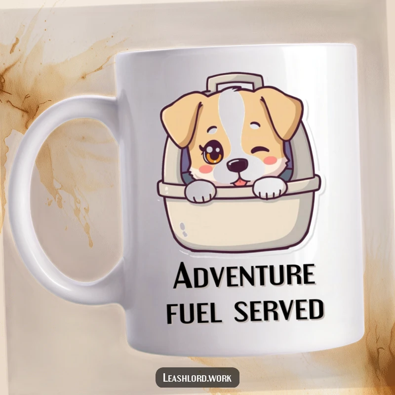 Funny mug with a dog character's head peeking out of a carrier, one eye twinkling mischievously, offering a humorous surprise.