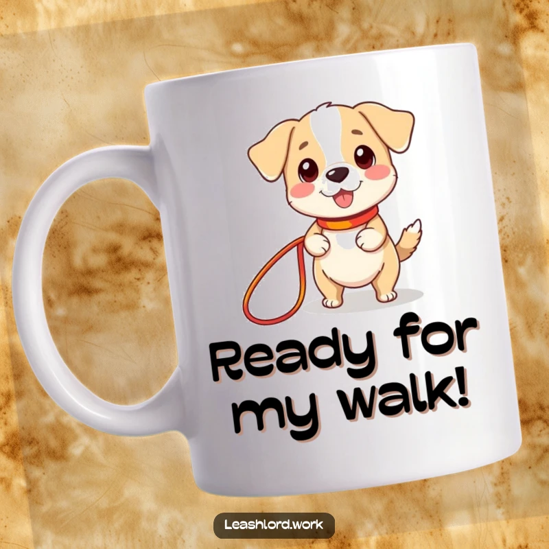 Funny mug showcasing a cute dog with comically tiny legs happily holding a very long, colorful leash, a heartwarming scene.
