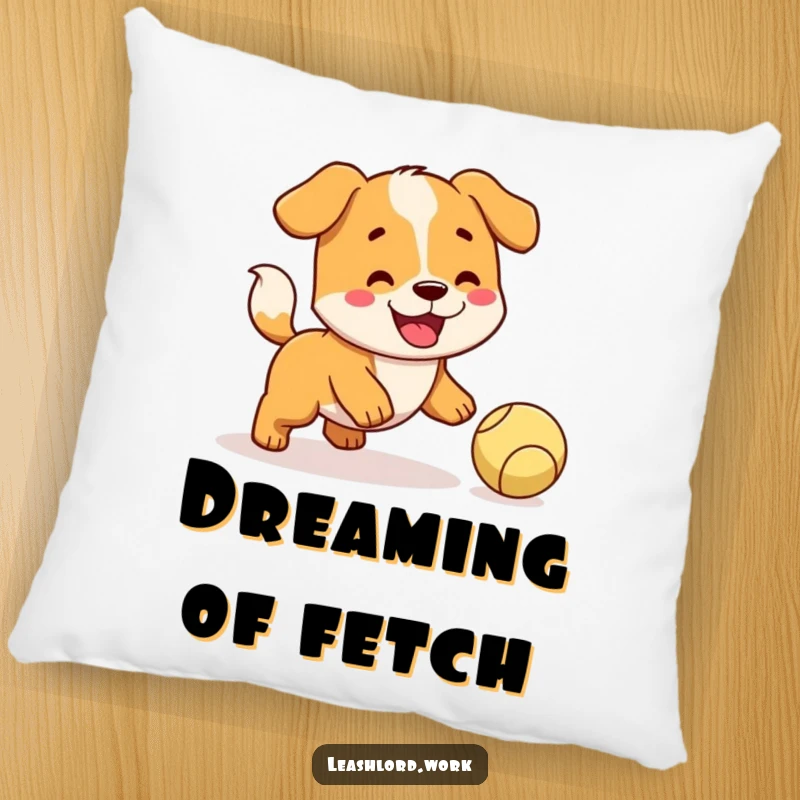 Funny Dog Pillow: A soft pillow featuring a happy dog with a wagging tail, intently trying to fetch a ball.