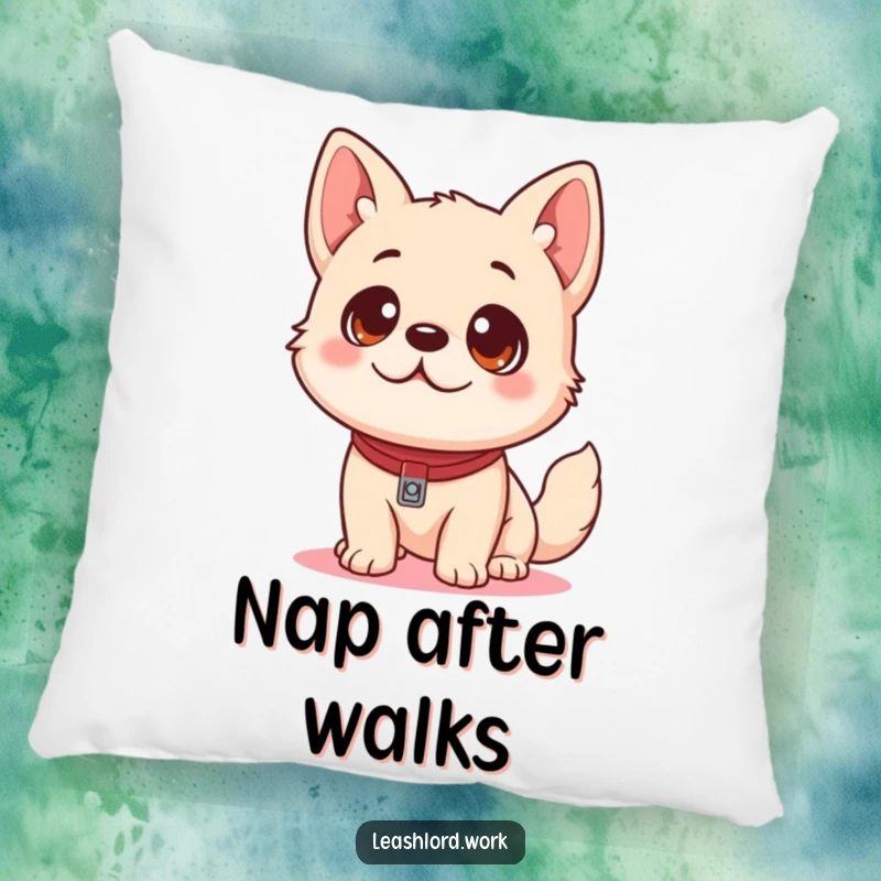 Funny Dog Pillow: A soft pillow featuring a playful dog with eager eyes looking up at a leash, ready for cuddles.