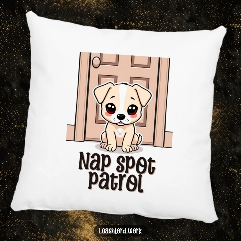 Funny pillow featuring a dog with big, expressive dot eyes sitting patiently by a door, offering humorous comfort.
