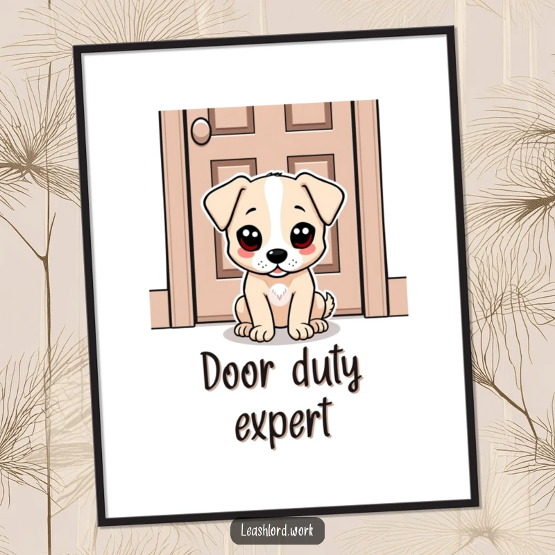 Funny digital art print of a dog with big, expressive dot eyes sitting patiently by a door, creating humorous wall art.