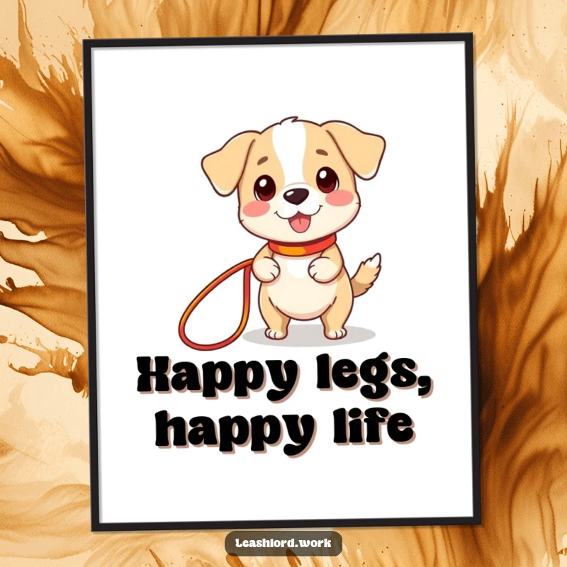 Funny digital art print of a cute dog with comically tiny legs happily holding a long, colorful leash, a whimsical and heartwarming illustration.