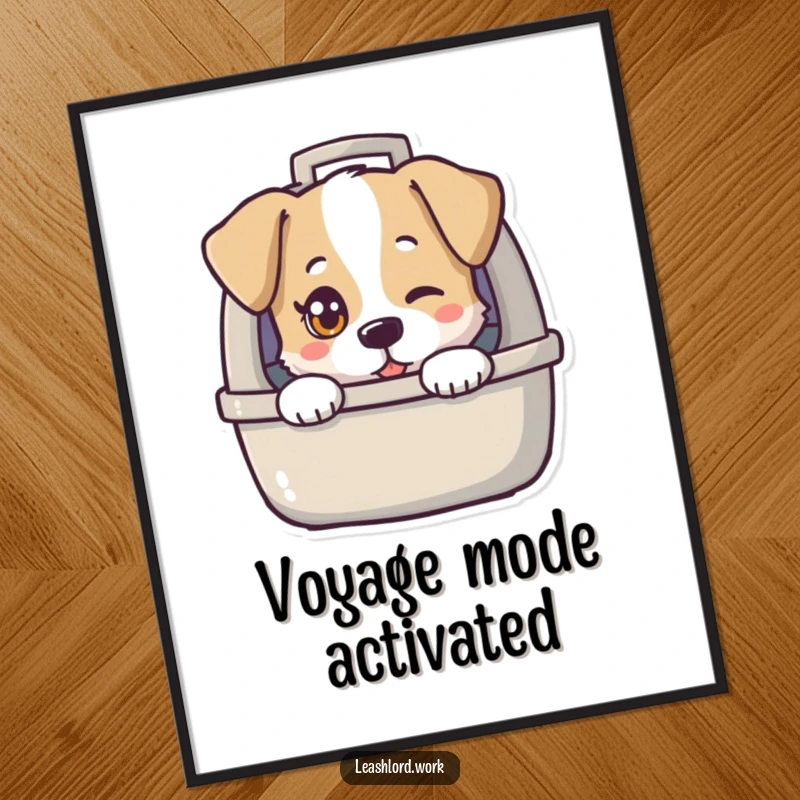 Funny digital art print of a dog with a twinkling eye peeking from a dog carrier, creating humorous and playful wall art.