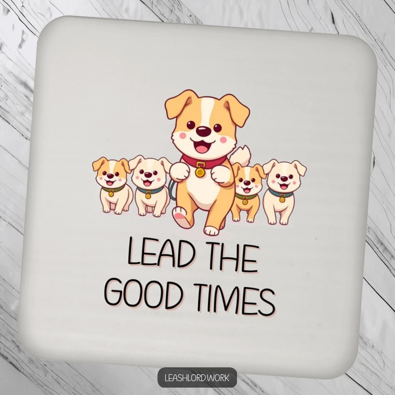 Funny drink coaster with a main dog walker leading a group of small, happy dog characters, a humorous and protective accessory.