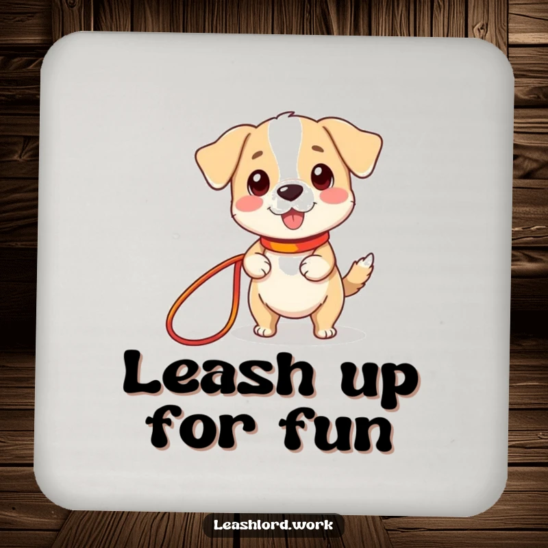 Funny drink coaster with a cute dog character having tiny legs, happily holding a long, colorful leash, a humorous and protective accessory.