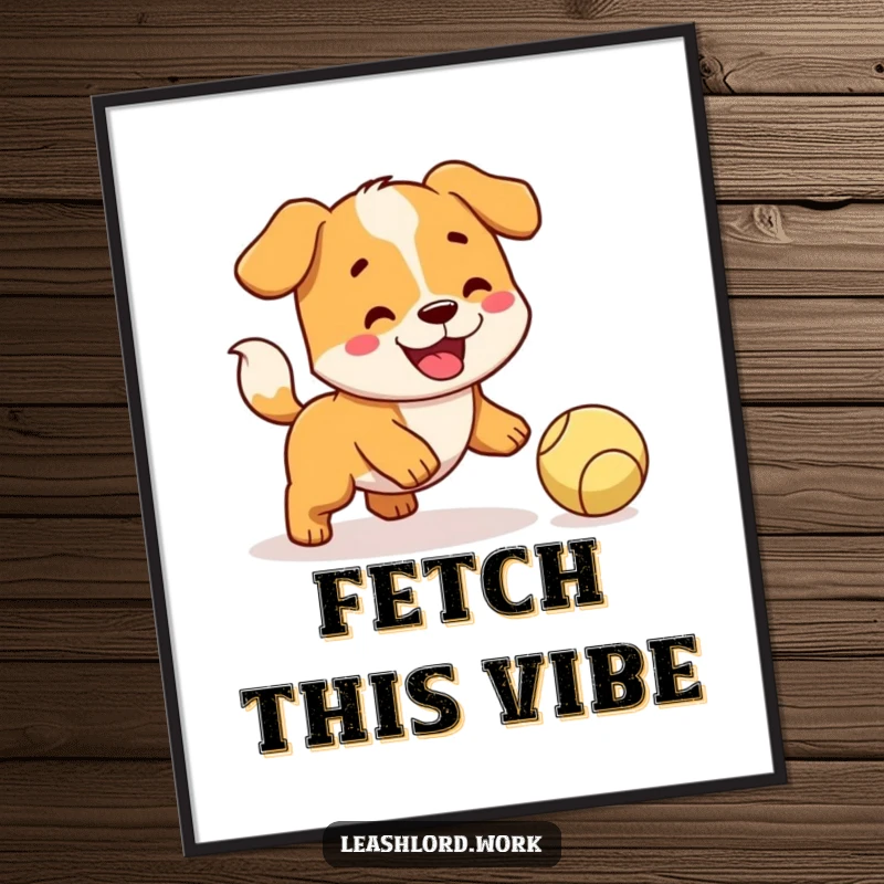 Funny Dog Poster: Playful artwork of a happy dog with a wagging tail, actively pursuing a ball during fetch.