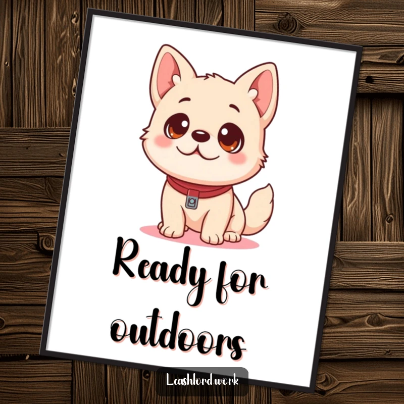 Funny Dog Poster: Playful artwork of a cute dog with eager eyes looking up at a leash, anticipating a walk.