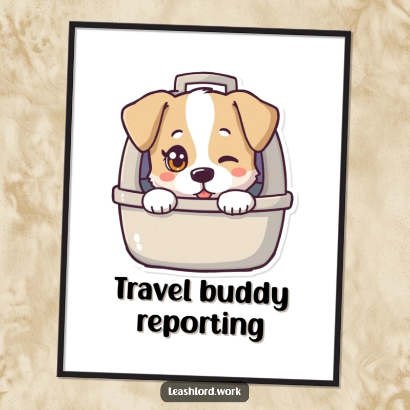 Funny poster depicting a dog with a single, mischievous twinkling eye peering out from a dog carrier, humorous wall decor.