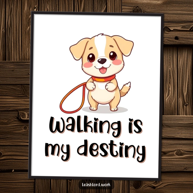 Funny poster art of a cute dog with incredibly tiny legs happily holding a long, colorful leash, a whimsical pet illustration.