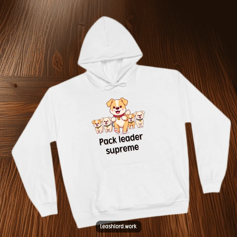 Funny hoodie with a main dog walker leading a happy group of small dog characters, a cozy and humorous design for dog enthusiasts.
