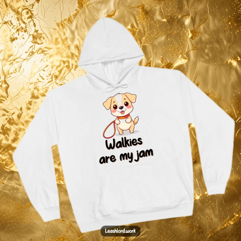 Funny hoodie with a cute dog character sporting tiny legs, happily holding a long, colorful leash, a heartwarming and humorous design.