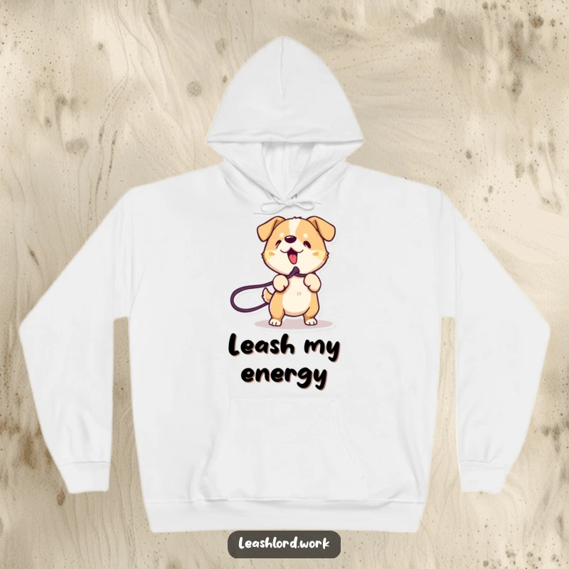 Funny Dog Hoodie: A comfortable hoodie showcasing an energetic dog with dynamic lines playfully tugging on a leash.