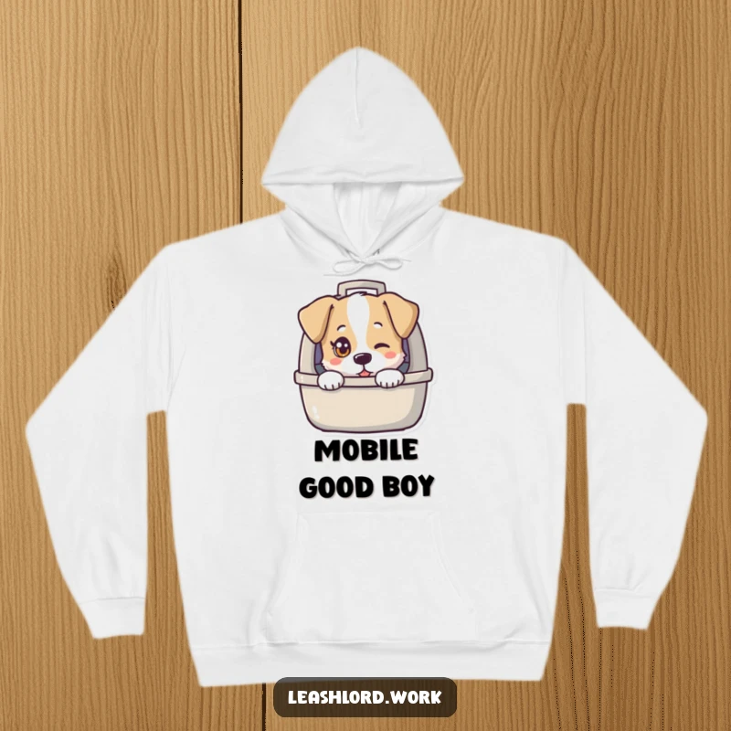 Funny hoodie with a dog character's head emerging from a carrier, one eye twinkling with humorous intent.