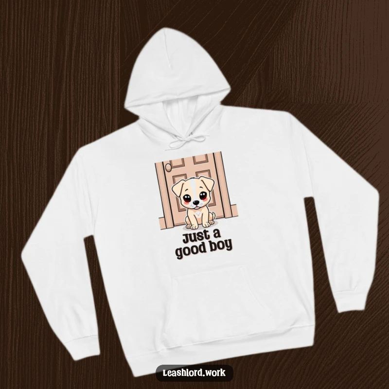 Funny hoodie depicting a dog with large, expressive dot eyes sitting patiently near a door, ready for a funny hug.