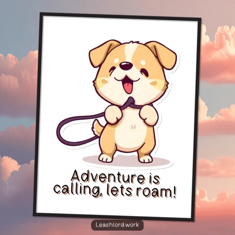 Free Printable Wall Art: A dog with energetic lines playfully tugging on a leash, showing eagerness and fun.