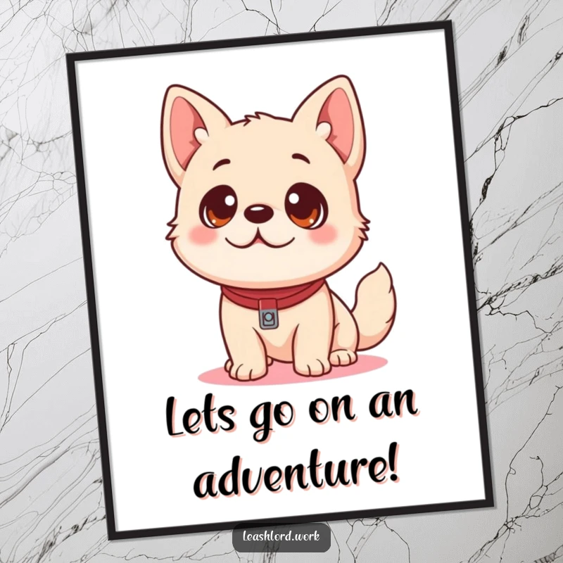 Free Printable Wall Art: A cute dog with playful eyes looking expectantly upwards at a leash, ready for adventure.