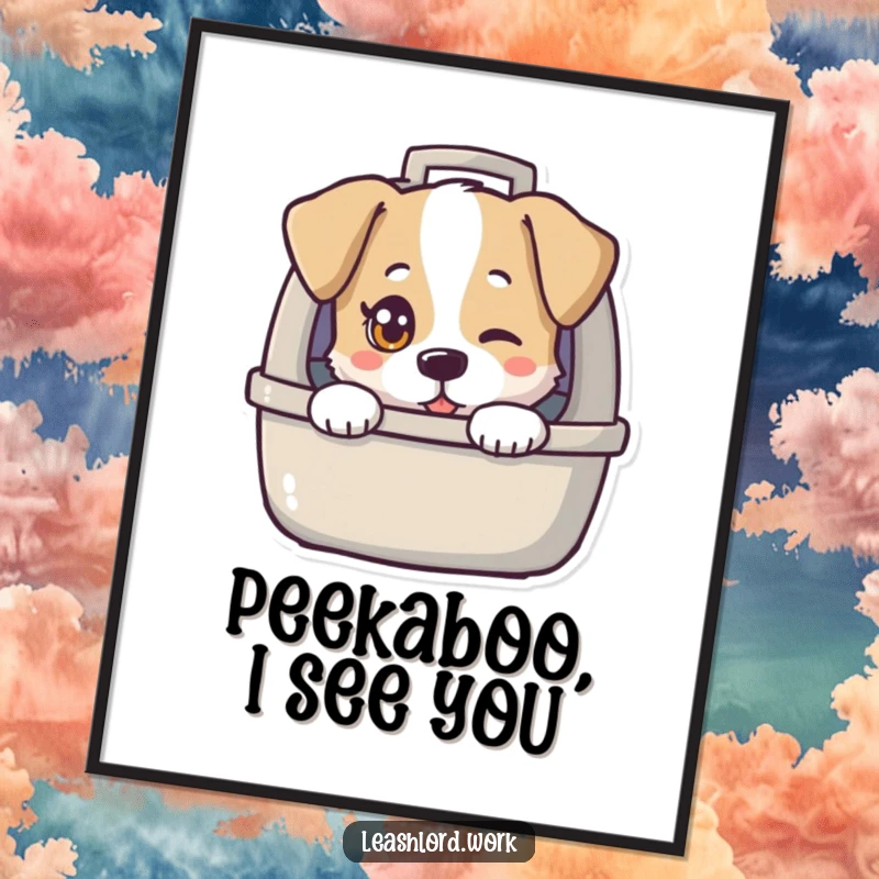 Funny Free Printable Wall Art: A dog with a single, mischievous twinkling eye peeks out from a carrier, creating quirky decor. Downloadable.