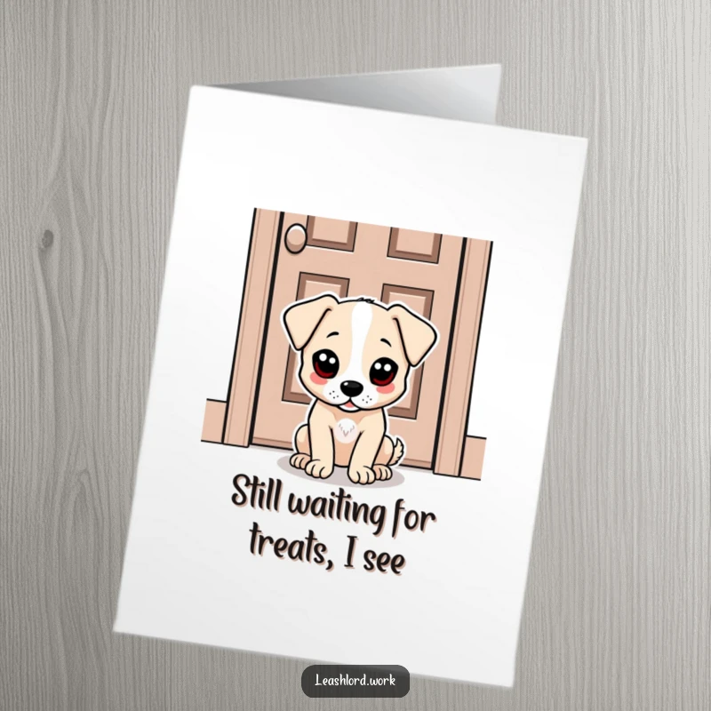 Funny Free Printable Birthday Card: Dot-eyed dog waits by door, anticipating cake with pure, hilarious patience. A downloadable delight.
