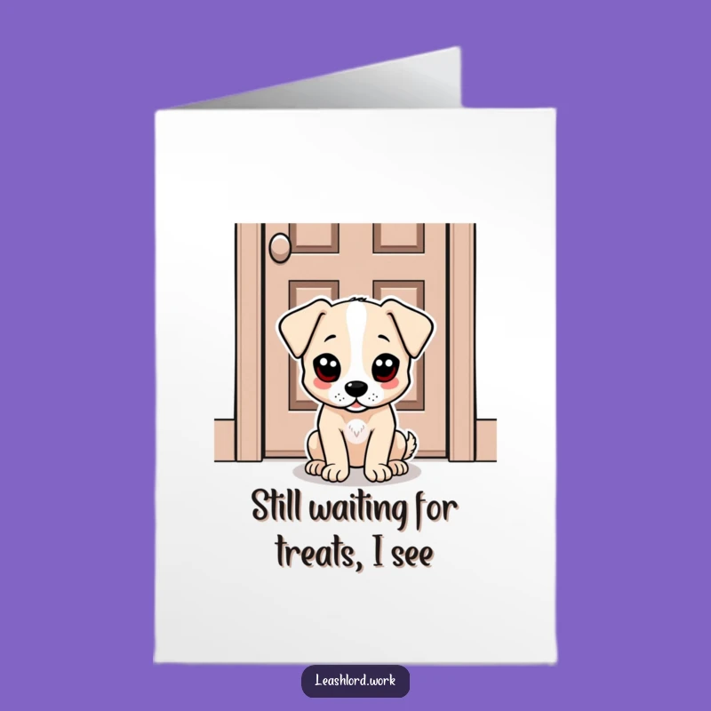 Free Printable Birthday Card: Patient Dog Dot Eyes Waiting for Cake - Funny Downloadable Gift