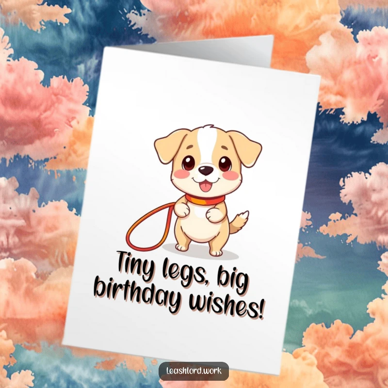 Funny Free Printable Birthday Card features a cute dog with impossibly tiny legs joyfully holding a very long, colorful leash.