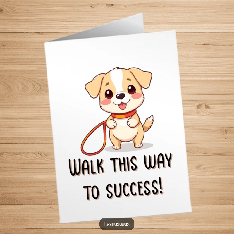 Funny Free Printable Congratulations Card shows a tiny-legged dog happily gripping a long leash, ready for adventure.