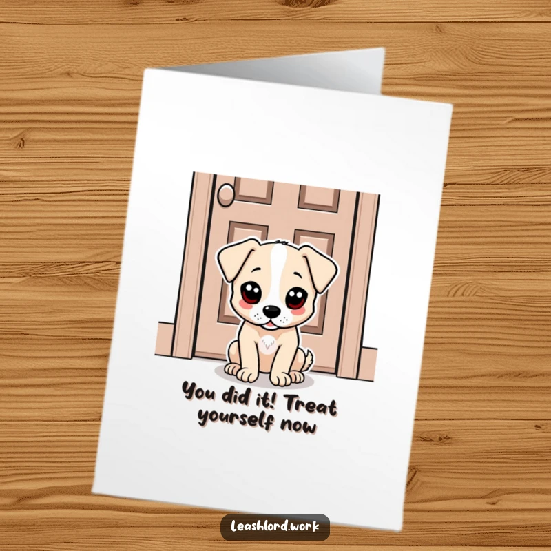 Funny Free Printable Congratulations Card: Dot-eyed dog sits by door, gleefully awaiting celebratory treats. A downloadable gem.