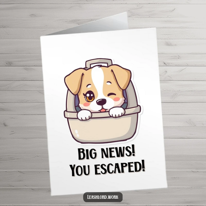 Funny Free Printable Congratulations Card: A dog with a bright, twinkling eye peeks from its carrier, celebrating your success. Downloadable.