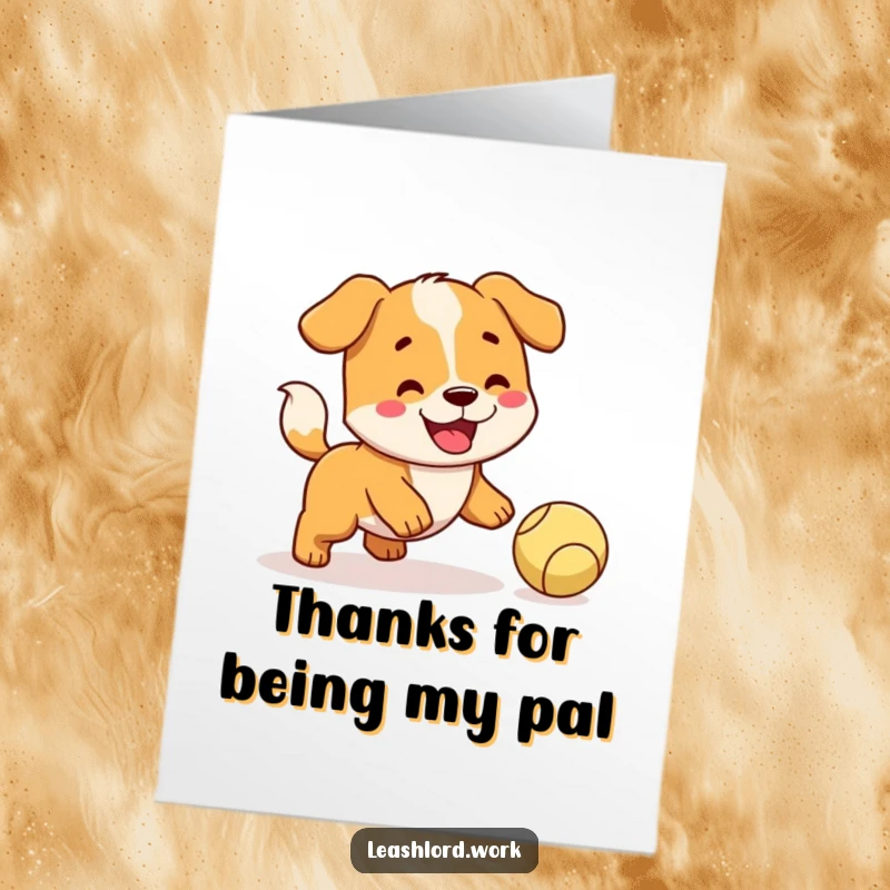 Funny Free Printable Thank You Card: A happy dog with a wagging tail enthusiastically fetching a ball.