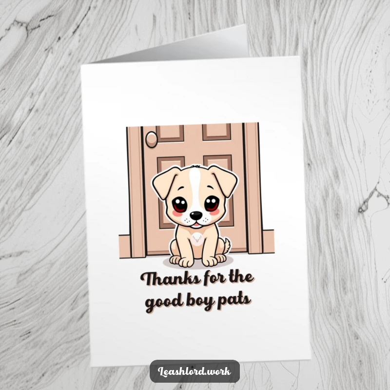 Funny Free Printable Thank You Card: Dot-eyed dog patiently waits by door, conveying heartfelt thanks with a humorous expression. Downloadable.