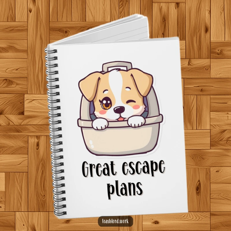 Funny notebook featuring a dog with a twinkling eye peeking from a dog carrier, ready for humorous notes and plans.