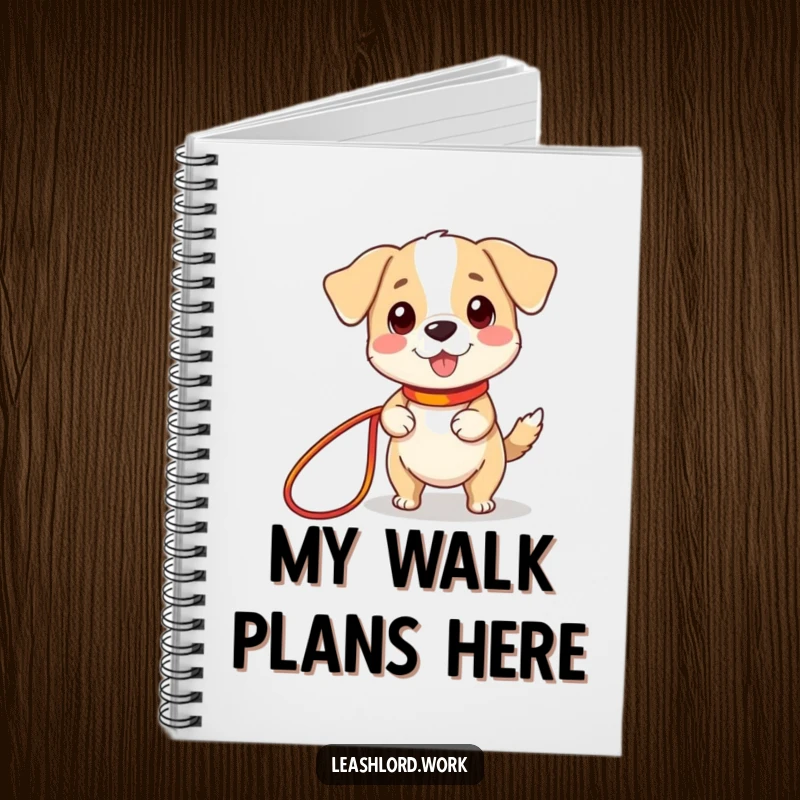 Funny notebook cover featuring a cute dog with tiny legs happily holding a long, colorful leash, perfect for jotting down funny pet stories.
