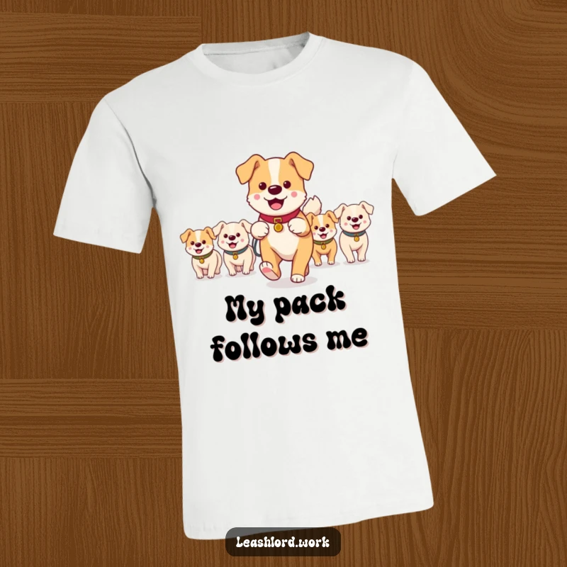 Funny t-shirt featuring a main dog walker leading a group of small, cheerful dog characters, a humorous depiction of pet management.