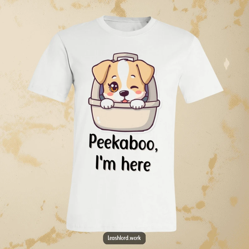 Funny T-shirt featuring a dog with a solo twinkling eye peeking from a dog carrier, conveying playful mischief.