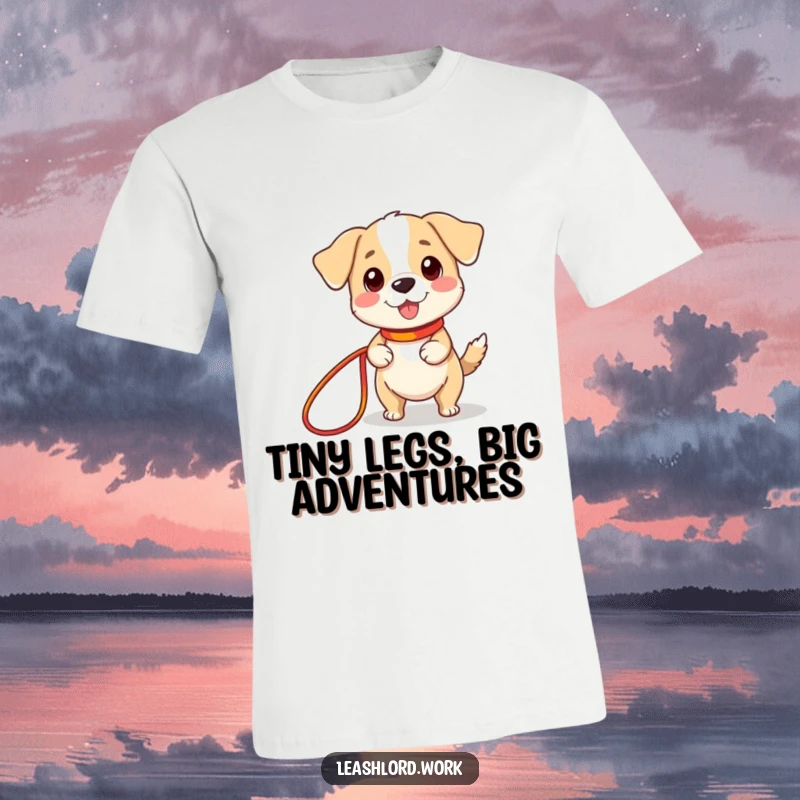 Funny t-shirt featuring a cute dog with tiny legs joyfully holding a long, colorful leash, a humorous and sweet pet design.