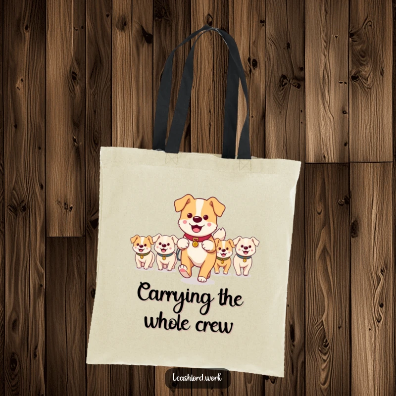Funny tote bag illustrating a main dog walker leading a group of small, happy dog characters, a humorous and practical pet accessory.