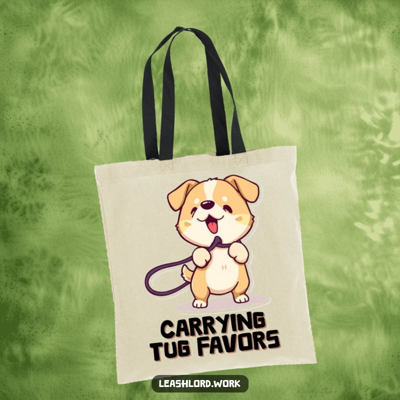 Funny Dog Tote Bag: A stylish tote featuring an energetic dog with playful lines tugging on a leash, ready to go.