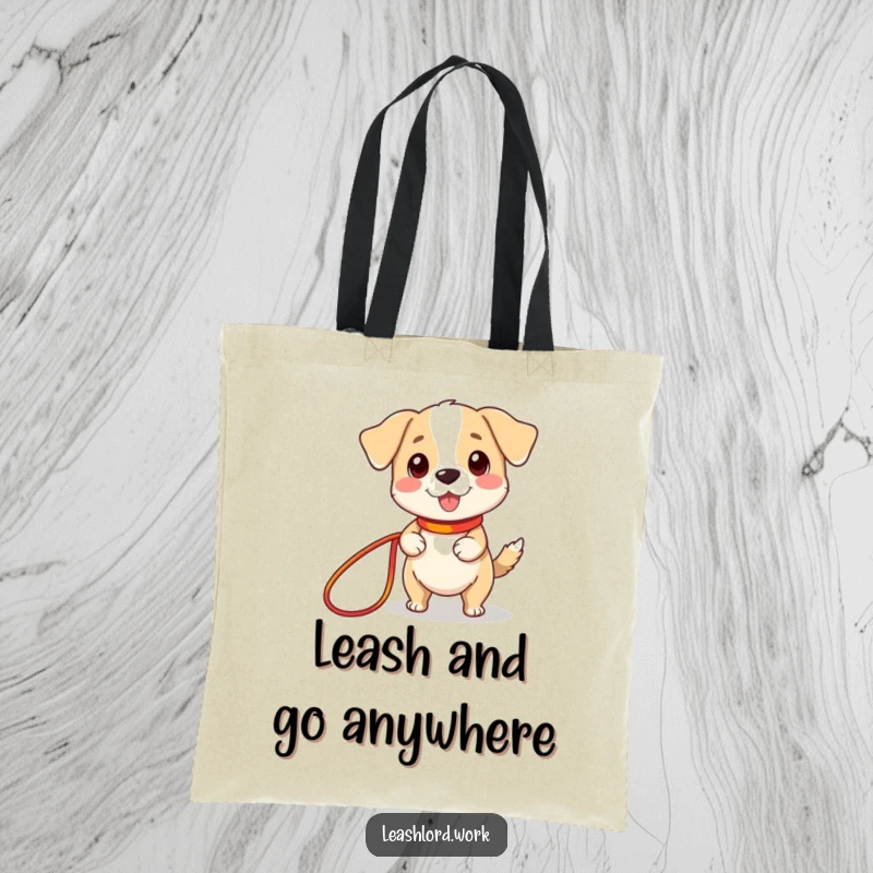 Funny tote bag illustrating a cute dog with comically tiny legs happily holding a long, vibrant leash, a humorous pet accessory.